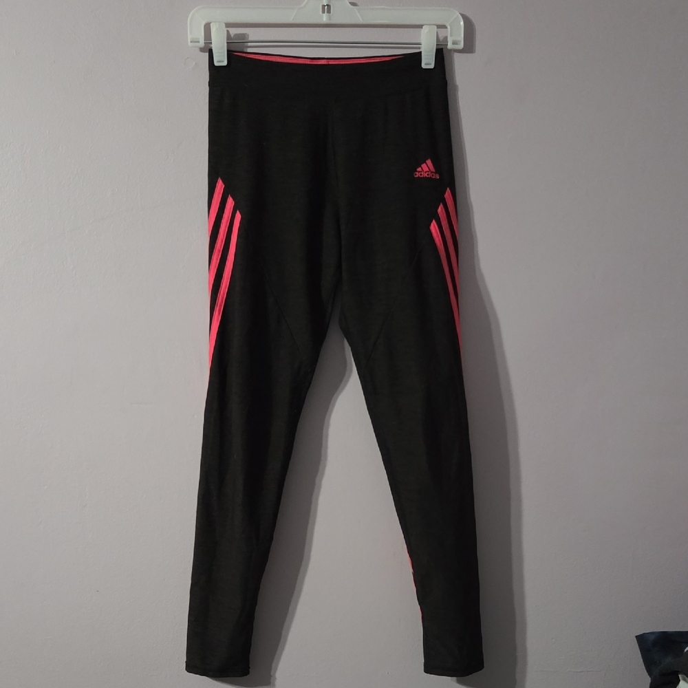 Adidas Leggings Charcoal Gray with Neon Pink Accents Girls L - 14